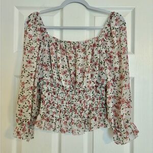Rabbit Rose Top L Floral Smocked Cottagecore Puff Sleeve Blouse Boho Milkmaid